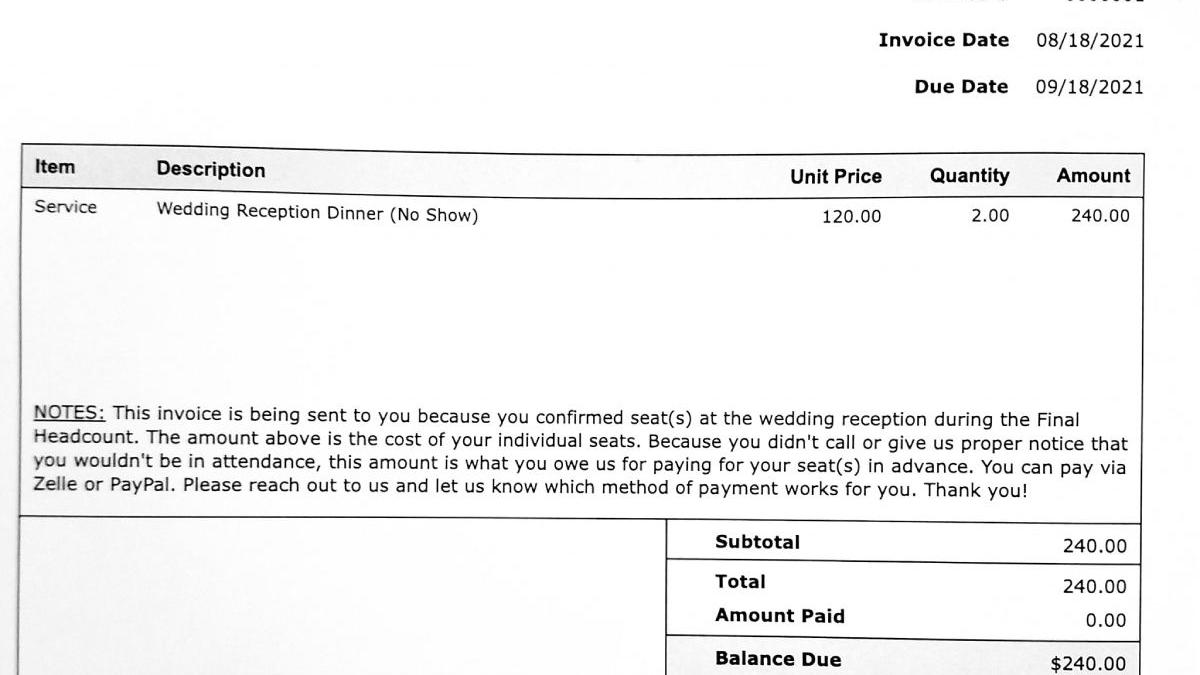 cuplu trimis facturi 240 dolari invitati nunta