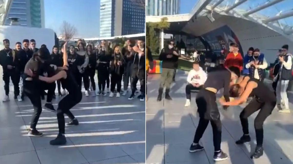 doua fete batut terasa mall bucuresti incurajate aplaudate zeci prieteni colegi