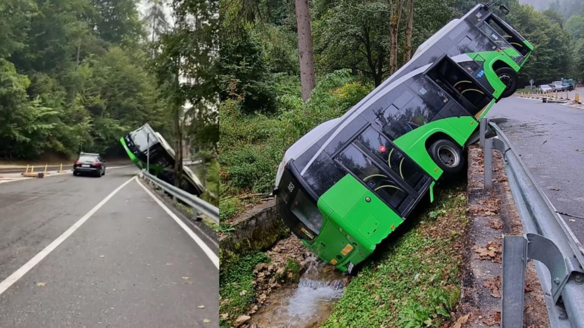 momente de panica pe o sosea din brasov un autobuz a cazut in sant dupa ce s a defectat