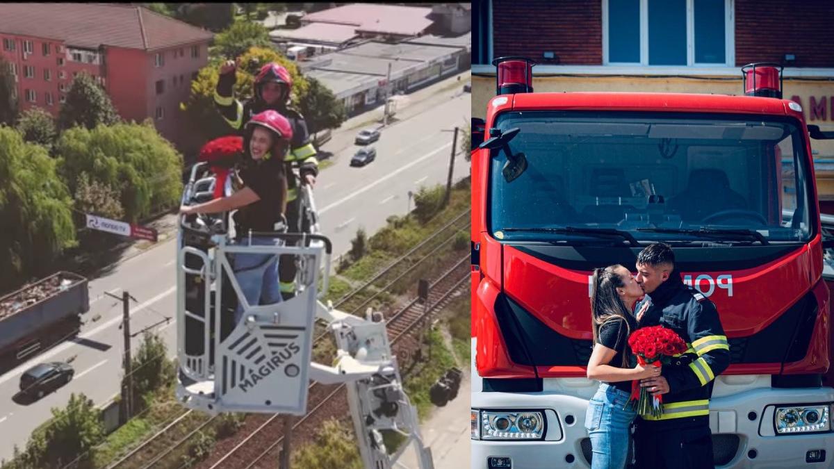 un pompier din hunedoara si a cerut iubita de sotie intr o nacela de interventie la 35 de metri