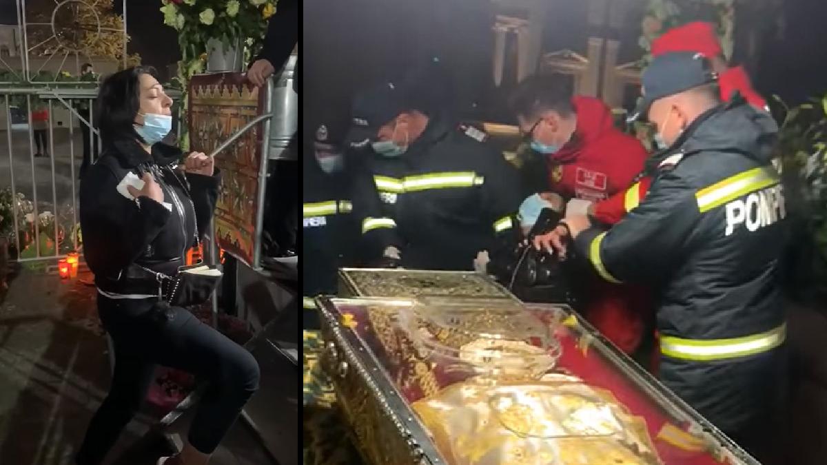 femeie tipat moaste sfintei parascheva tratata de pompieri si jandarmi