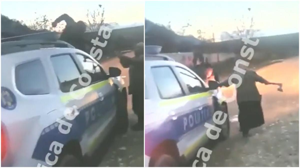 masina politiei distrusa cu toporul doi politisti amenintati de un barbat