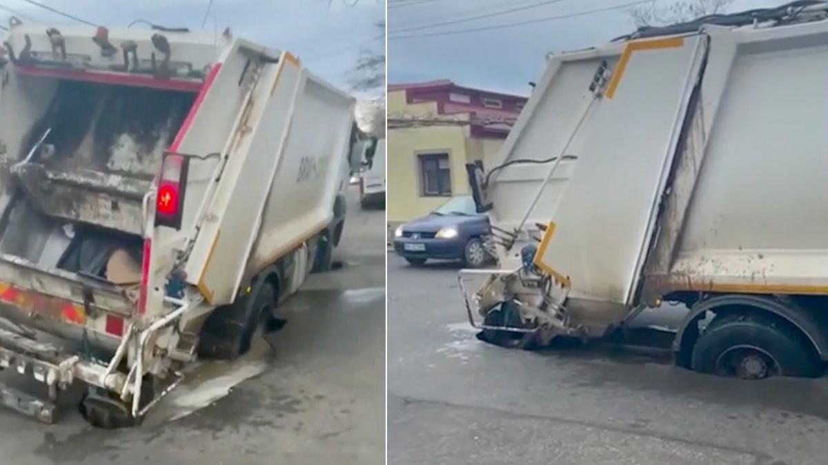 masina de gunoi inghitita asfalt braila