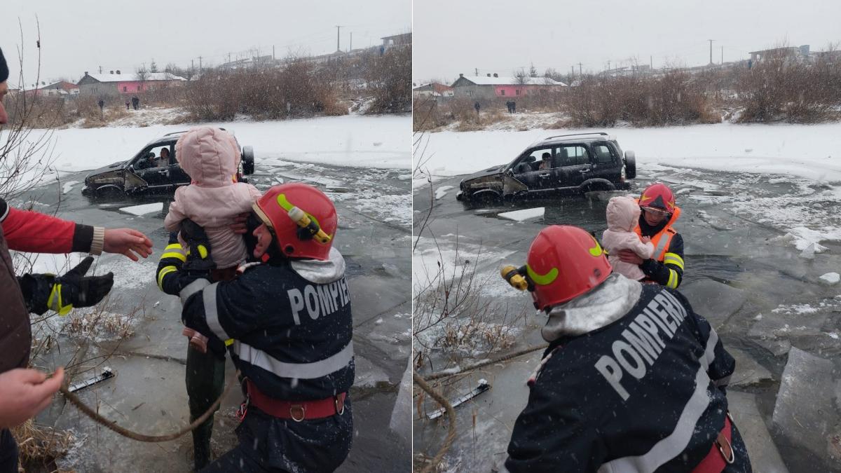 mama fiica trei ani salvate apa inghetata masina derapat raul mures