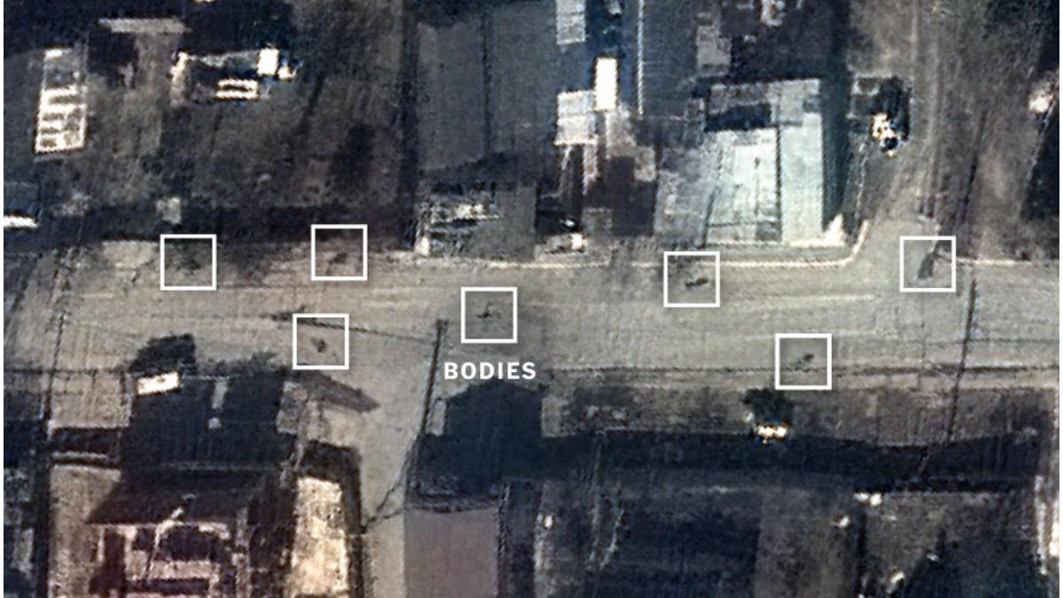 Imagini din satelit arată străzi pline de cadavre în Bucha | Trupurile au rămas pe străzi zile întregi, în ciuda afirmațiilor rușilor