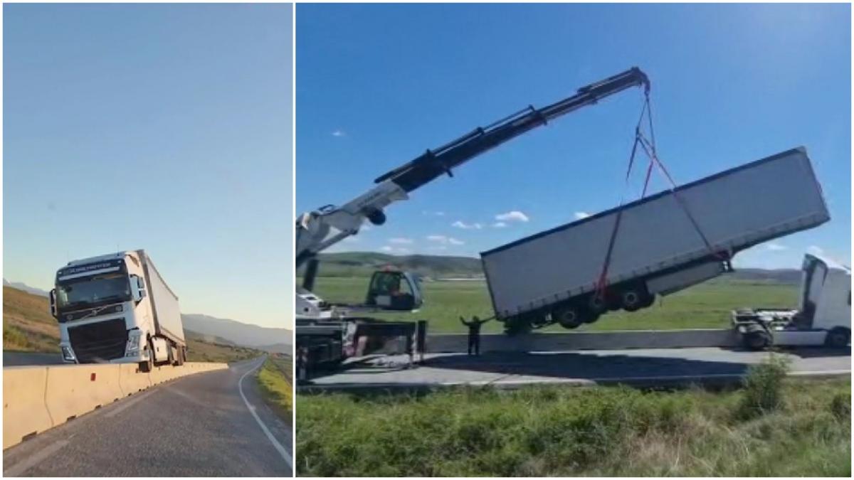 accident inedit gorj tir suspendat parapet