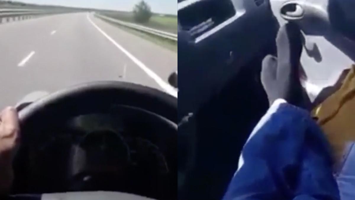Imaginile inconștienței la volan: Un șofer român s-a filmat conducând pe autostradă cu picioarele pe scaunul din dreapta