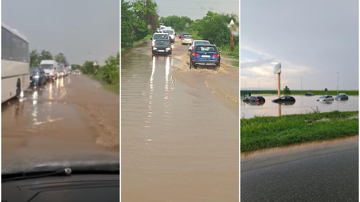 coloana de masini pe dn 72 in ploiesti inundati drum