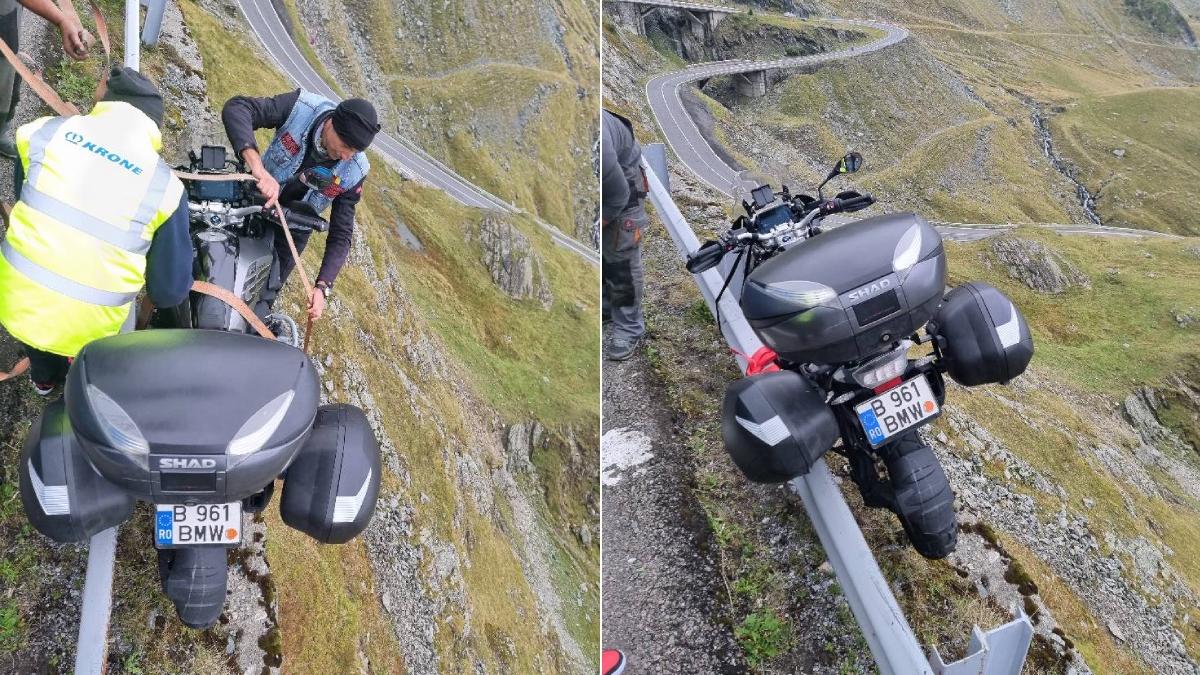 turist american ramas suspendat motocicleta transfagarasan