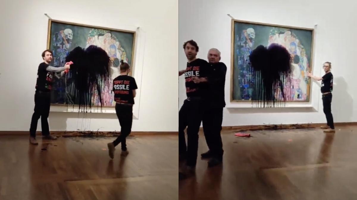 activist de mediu stropeste lighid negru tablou gustav klimt muzeu viena