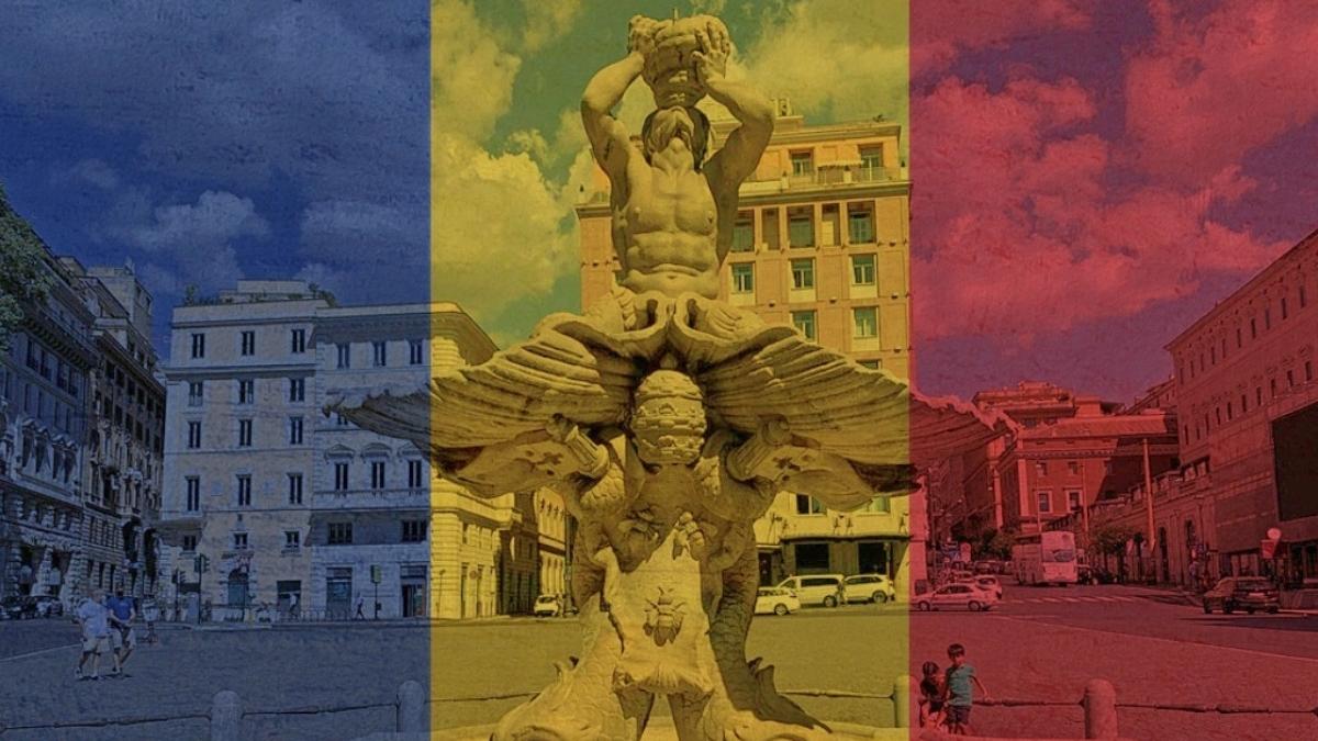 fontana del tritone din piata barberini din roma iluminata in culorile drapelului romaniei de ziua