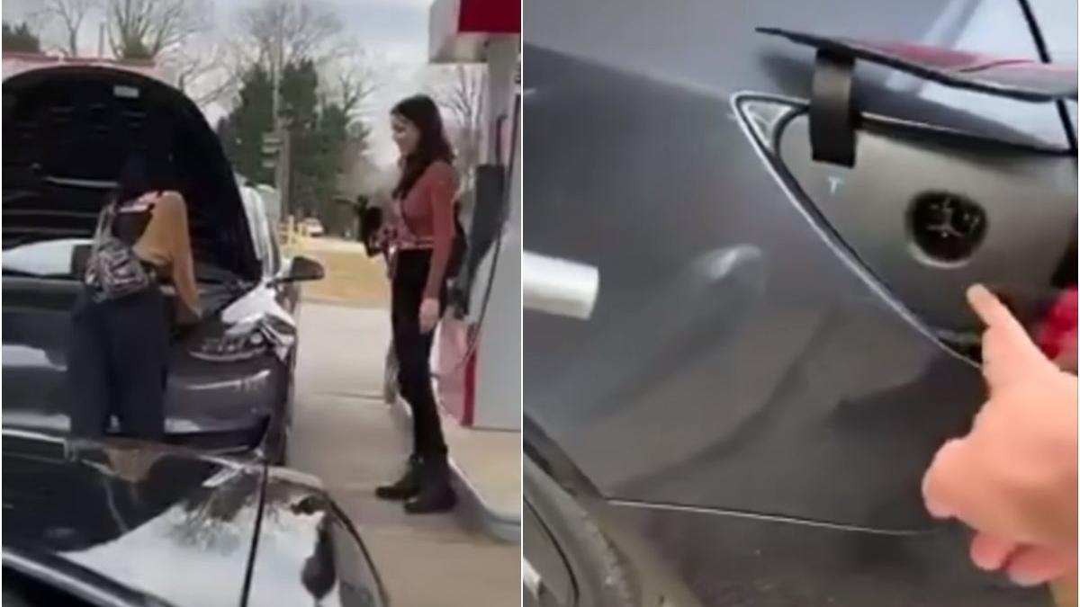 doua femei alimentat tesla benzina gasit rezervor lichid parbriz