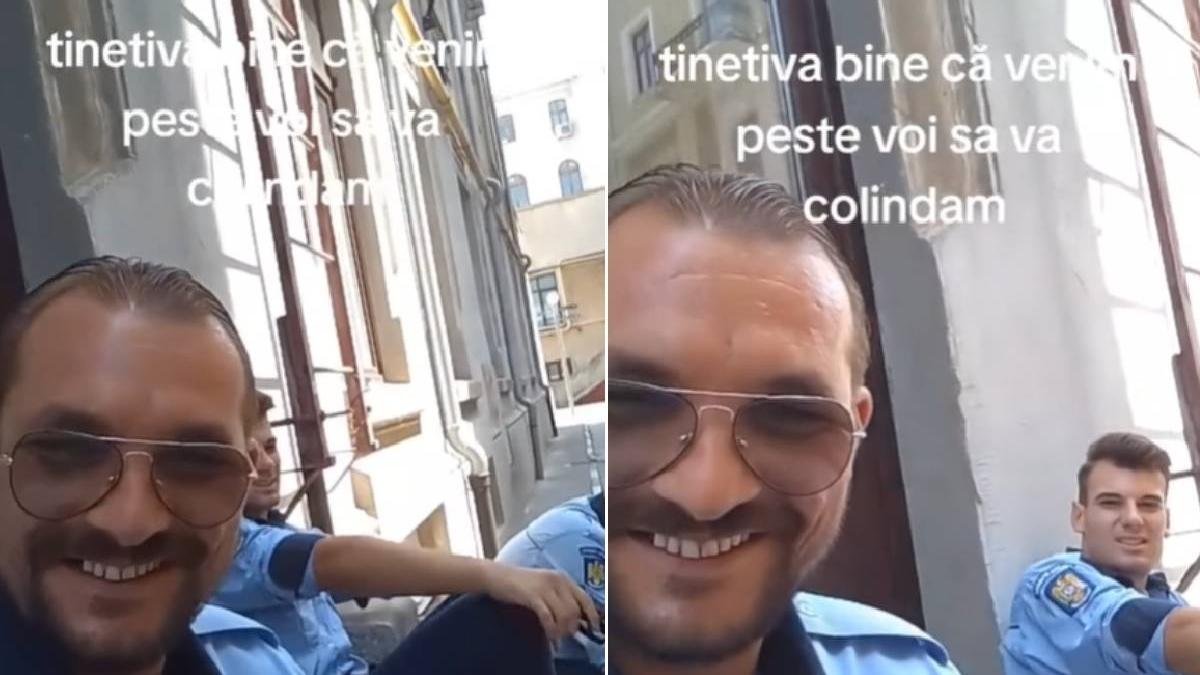 trei barbati filmat pistol imbracati uniforma politisti cautati autoritati