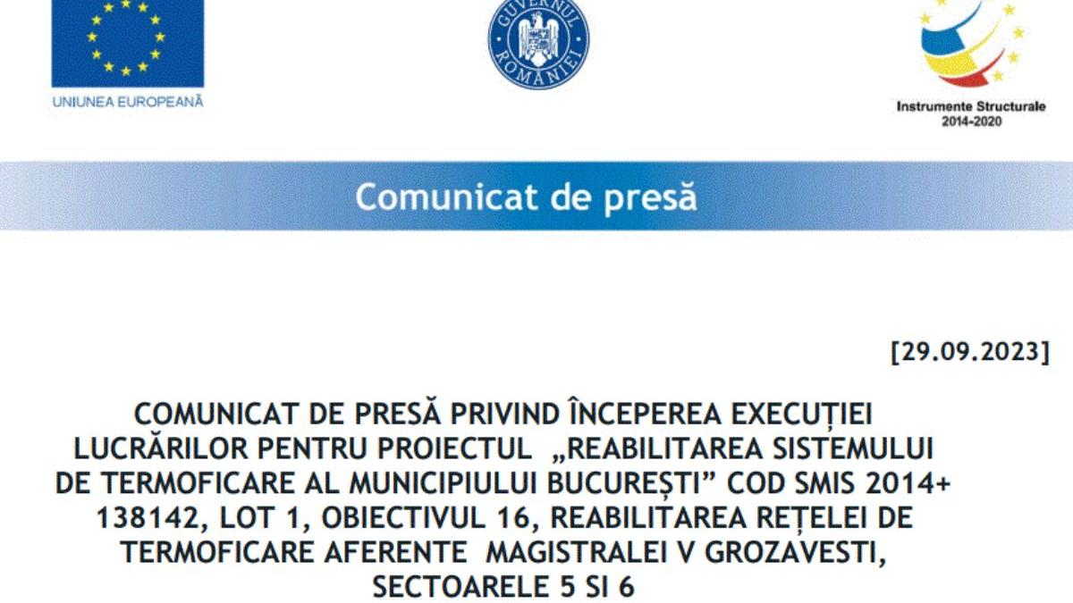 comunicat presa executie lucrari proiect reabilitare sistem termoficare bucuresti obiectiv 16