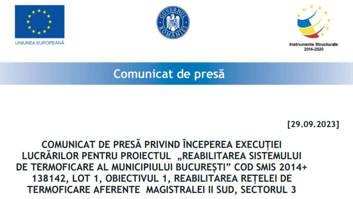 comunicat presa executie lucrari reabilitare sistem termoficare bucuresti obiectiv 1