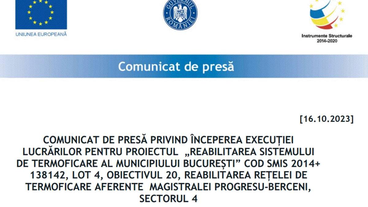 comunicat presa reabilitare sistem termoficare bucuresti obiectiv 20
