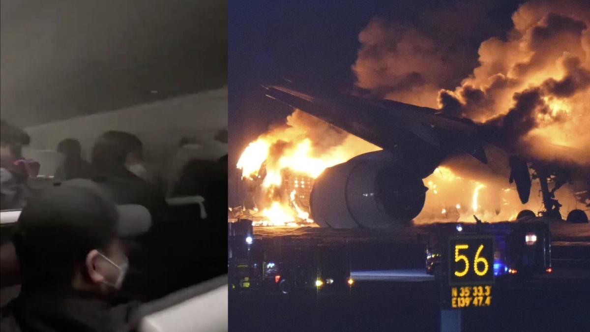 imagini interior avion aterizat flacari aeroport haneda tokyo