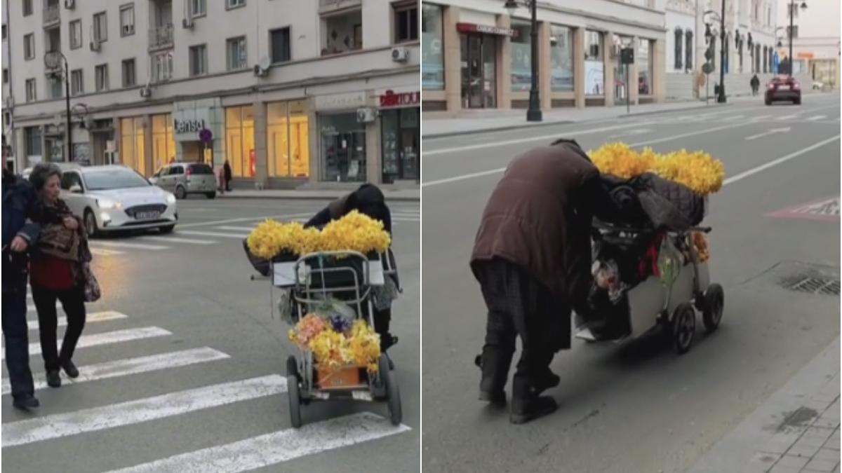 bunicuta carucior cu flori craiova munceste la 80 de ani