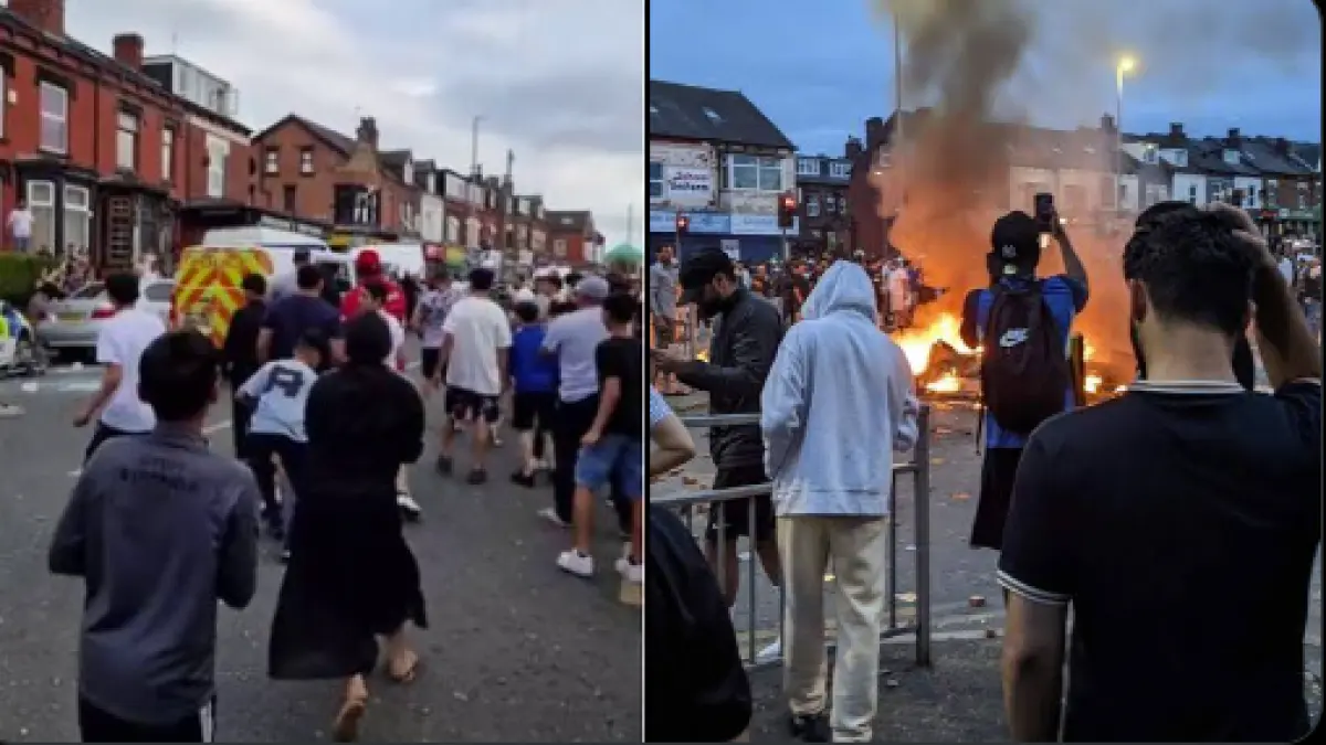 haos si violente pe strazile din leeds romanii s au batut cu politistii au rasturnat si incendiat