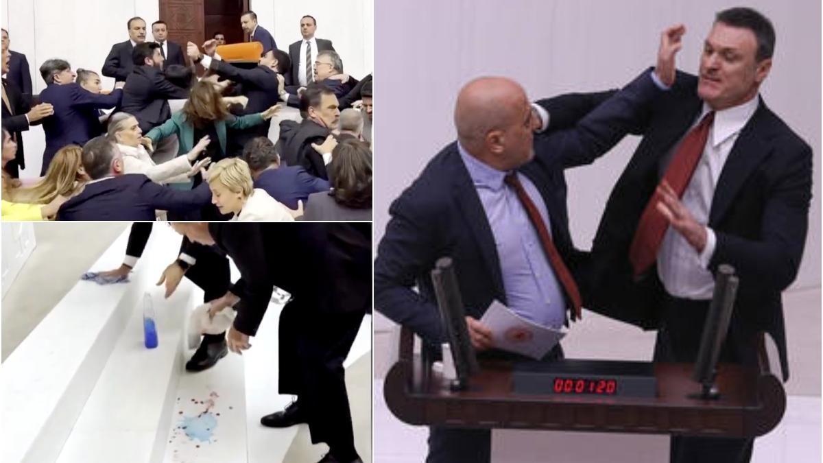 bataie in parlamentul turciei doi deputati si au impartit pumni dupa ce unul dintre ei a cerut eliberarea din inchisoare a unui coleg