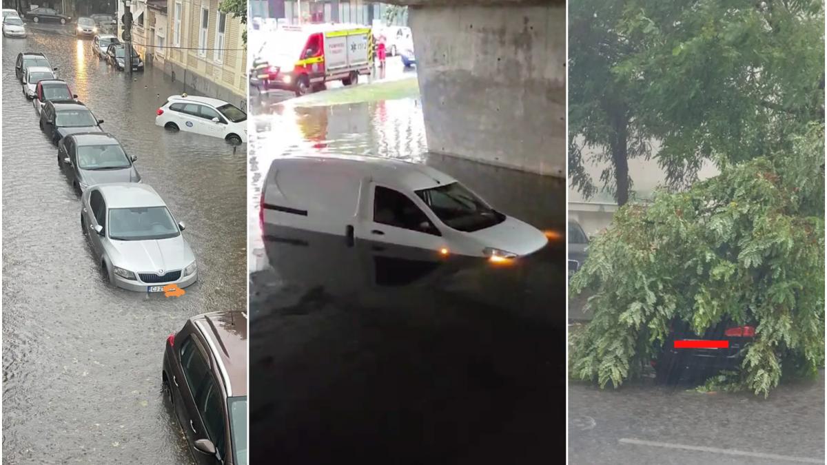 imagini dupa prapadul facut de ploile torentiale in cluj sosele inundate si copaci rupti o masina a fost scufundata
