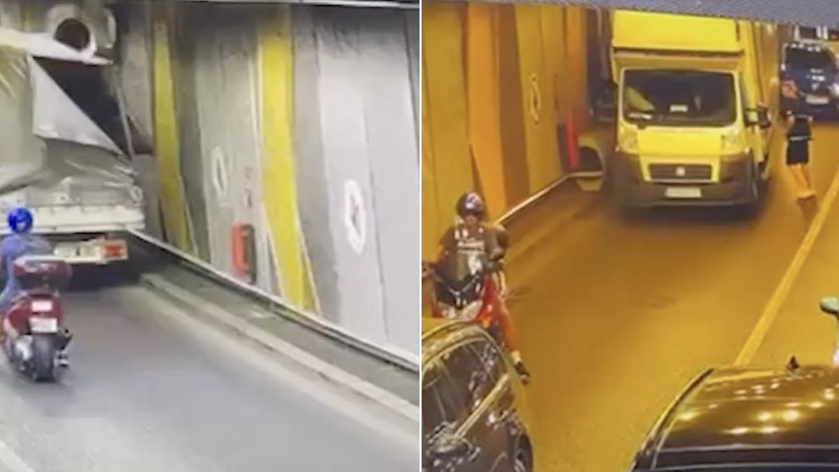 momentul in care un ventilator din pasajul unirii cade pe banda de circulatie dupa ce este lovit de o duba