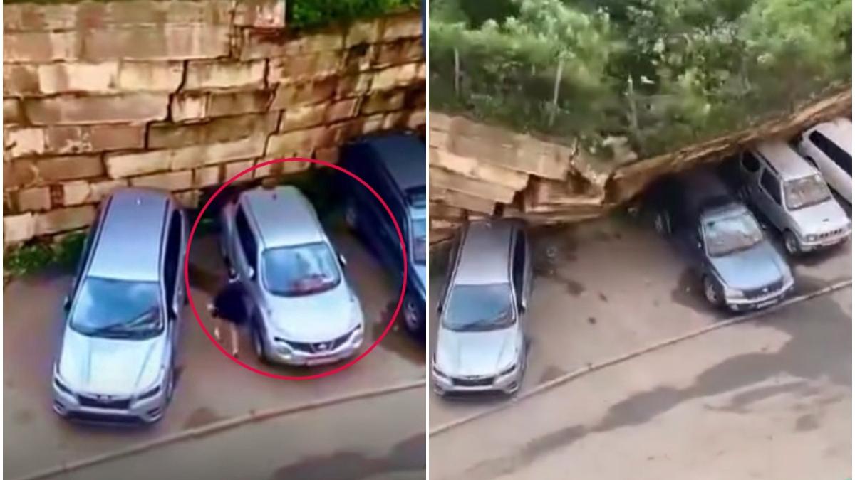 momentul in care o femeie isi salveaza masina in ultimul moment din calea unei alunecari de teren