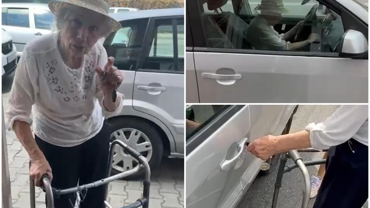 femeie din targu jiu care abia se deplaseaza pe picioare cu un cadru filmata in timp ce se urca la volan si conduce