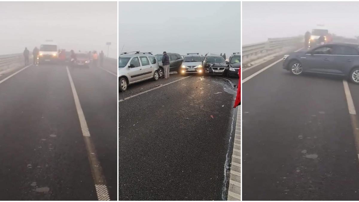 accident in lant in olt noua masini s au izbit pe o sosea cu polei si ceata densa