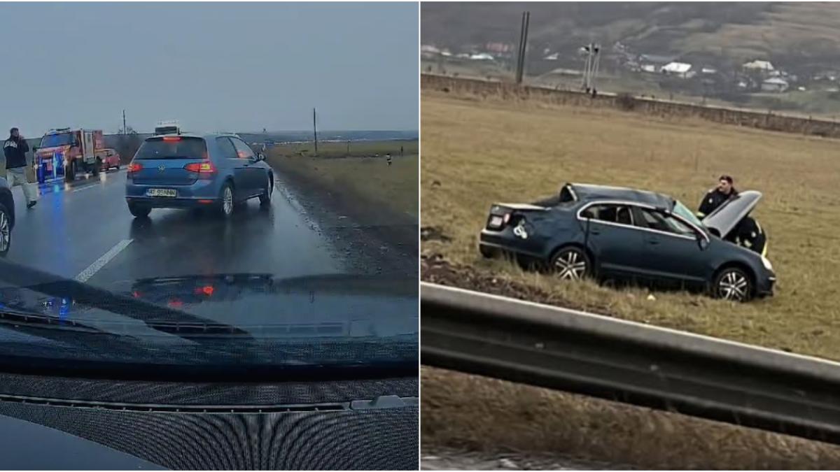 o masina care incerca sa faca loc ambulantei a derapat si s a rostogolit de mai multe ori in camp imagini surprinse de un alt sofer