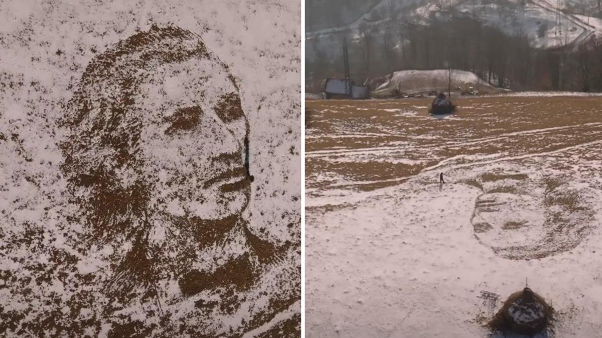 acum 175 de ani se nastea mihai eminescu chipul poetului a aparut pe un deal desenat din urme pe zapada de un artist din valea jiului