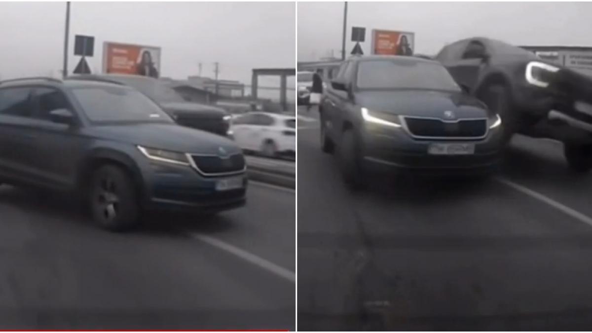 soferul unui bolid de lux s a urcat cu rotile pe alta masina pentru ca nu i a dat prioritate imagini incredibile filmate in timisoara