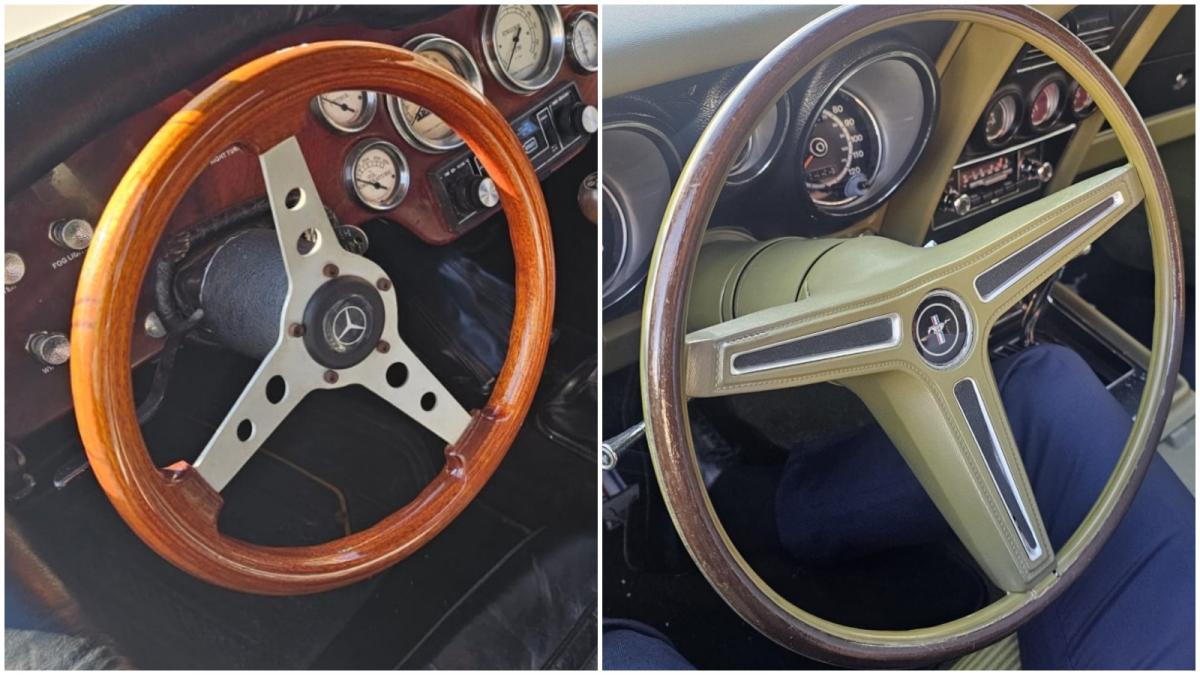 imagini de colectie cu un ford mustang din 1972 si o replica mercedes benz ssk din 1929 aduse pentru inspectie la rar grivita