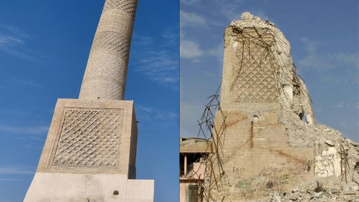 inainte si dupa era ca un oras fantoma cum arata acum minaretul al hadba si cladiri istorice din mosul dupa distrugerile isis