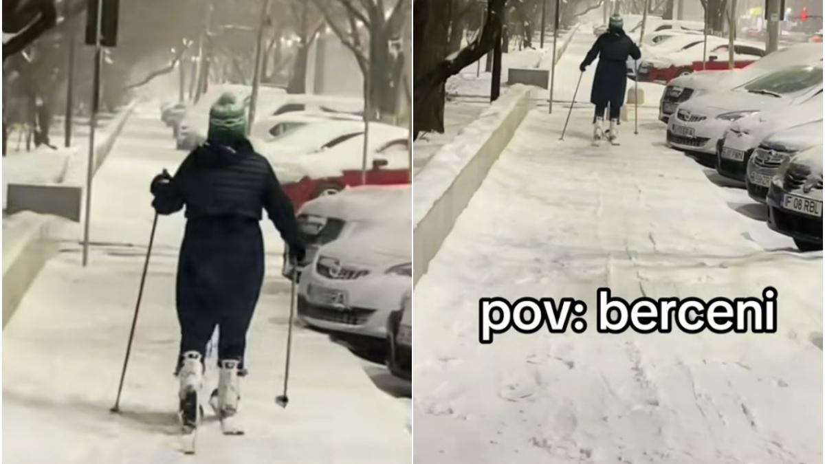 o femeie a fost filmata in timp ce schiaza intr un cartier din bucuresti imaginile sunt virale a evitat un drum pe valea prahovei