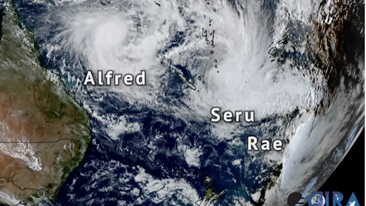 fenomen ciclonic rar surprins din satelit trei furtuni tropicale s au unit deasupra pacificului de sud si se manifesta toate simultan