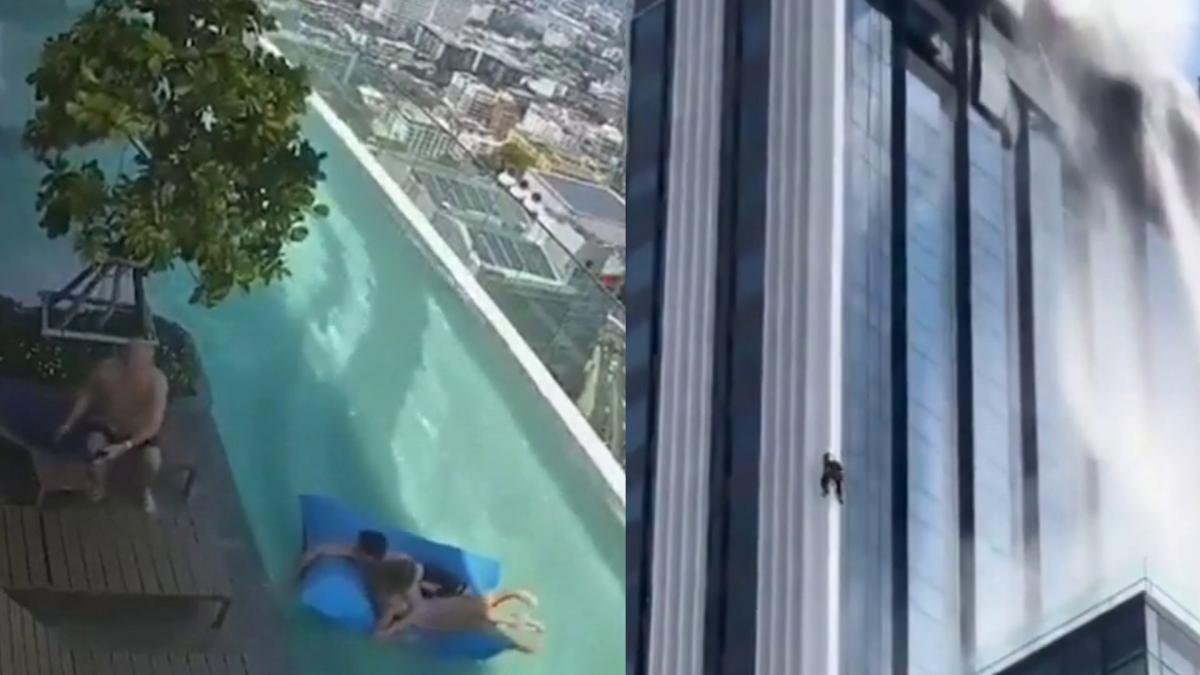 noi imagini din asia 2 turisti la un pas sa fie aruncati din piscina in timpul cutremurului un muncitor a ramas agatat de o cladire