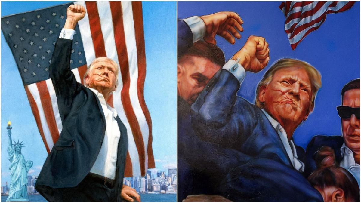 asa arata portretul lui trump cadou de la putin liderul sua are o cicatrice insangerata pe fata si pumnul ridicat cine l a pictat