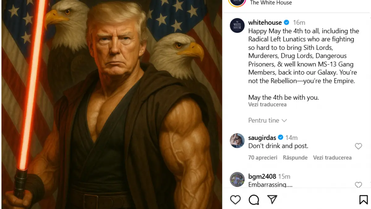 dupa ce s a pozat in papa donald trump posteaza o imagine inspirata de star wars numai ca personajul lui este cel negativ