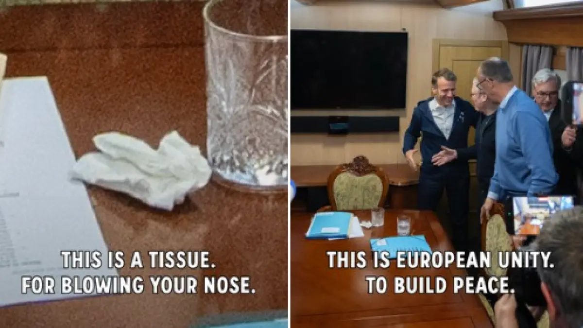 ce ascunde macron de pe masa in trenul cu liderii europeni de la kiev kremlinul a raspandit un fake ca ar fi consumat cocaina