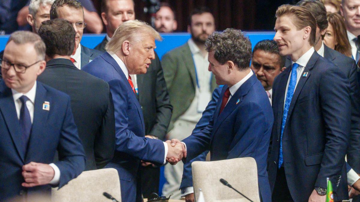 Nicușor Dan se salută și dă mâna cu Donald Trump