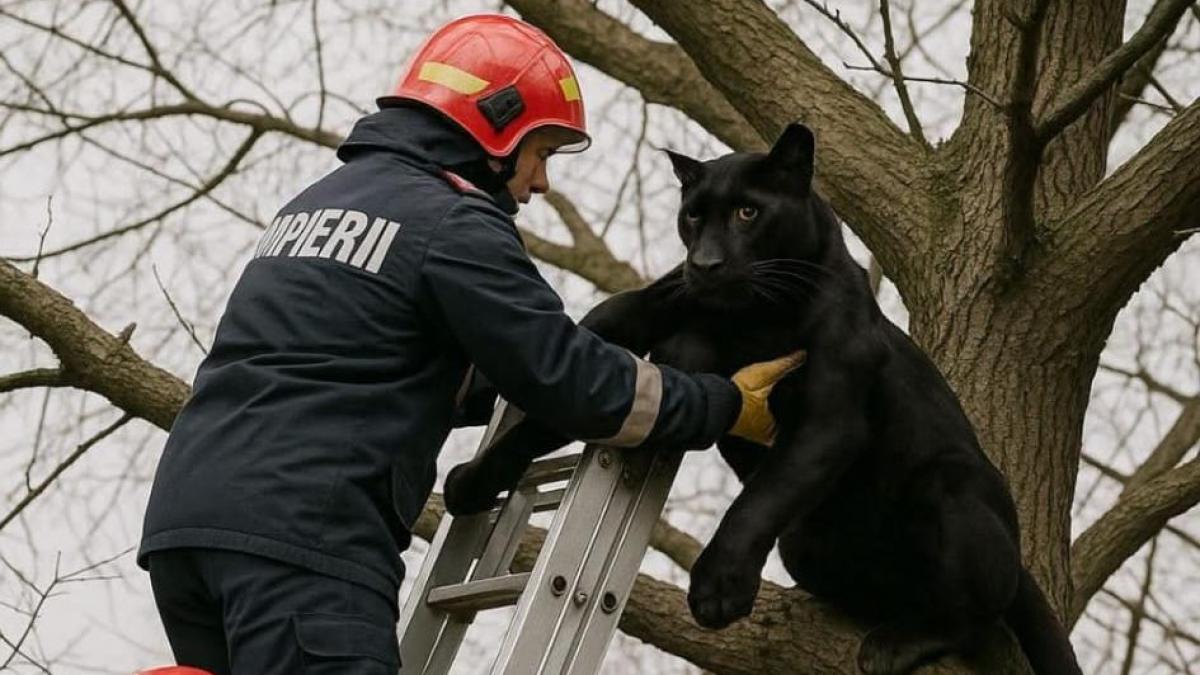 o imagine cu pantera neagra in copac salvata de pompieri a fost publicata de dsu