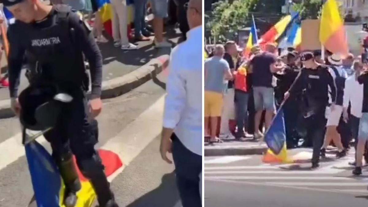jandarmeria acuza o fotografie falsa care sugereaza ca un jandarm ar fi calcat voit steagul romaniei la protestul din piata victoriei