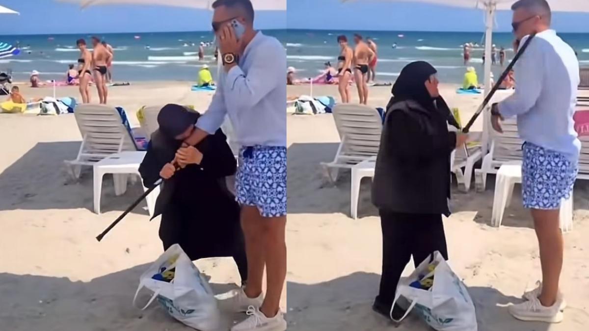 imagini hilare in mamaia administratorul unei plaje alergat si batut cu bastonul de o batrana care cersea