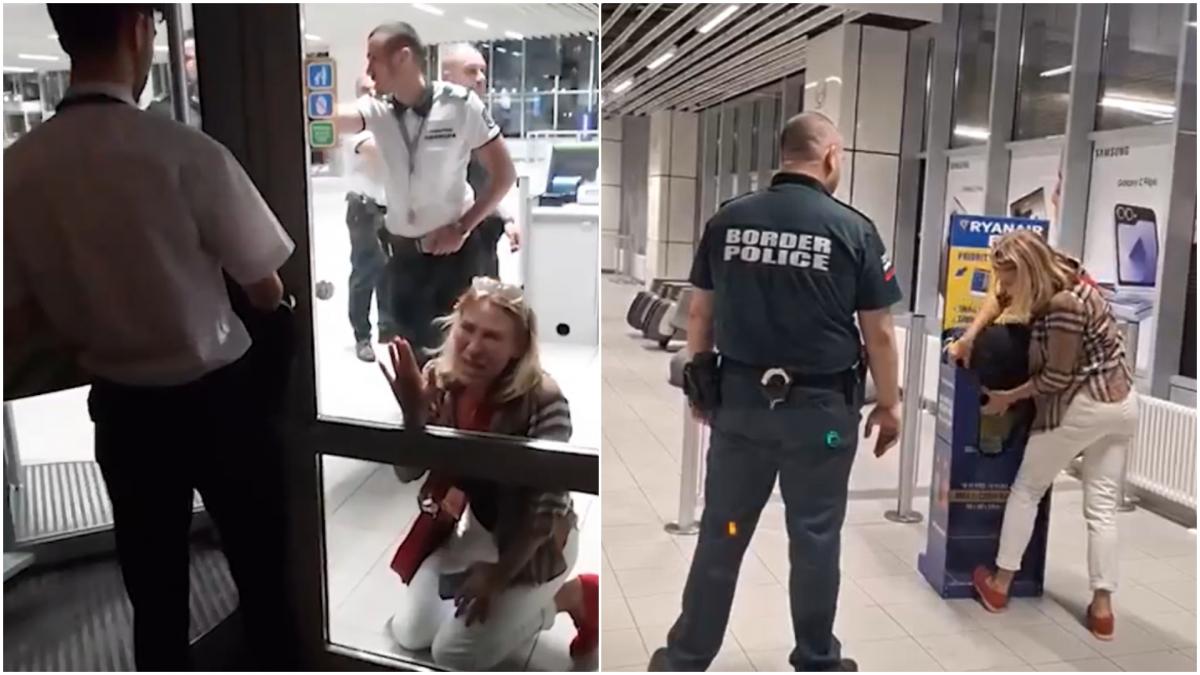 scene socante cu o pasagera care cade in genunchi plangand pentru ca nu a fost lasata sa urce in avion din cauza bagajului prea mare