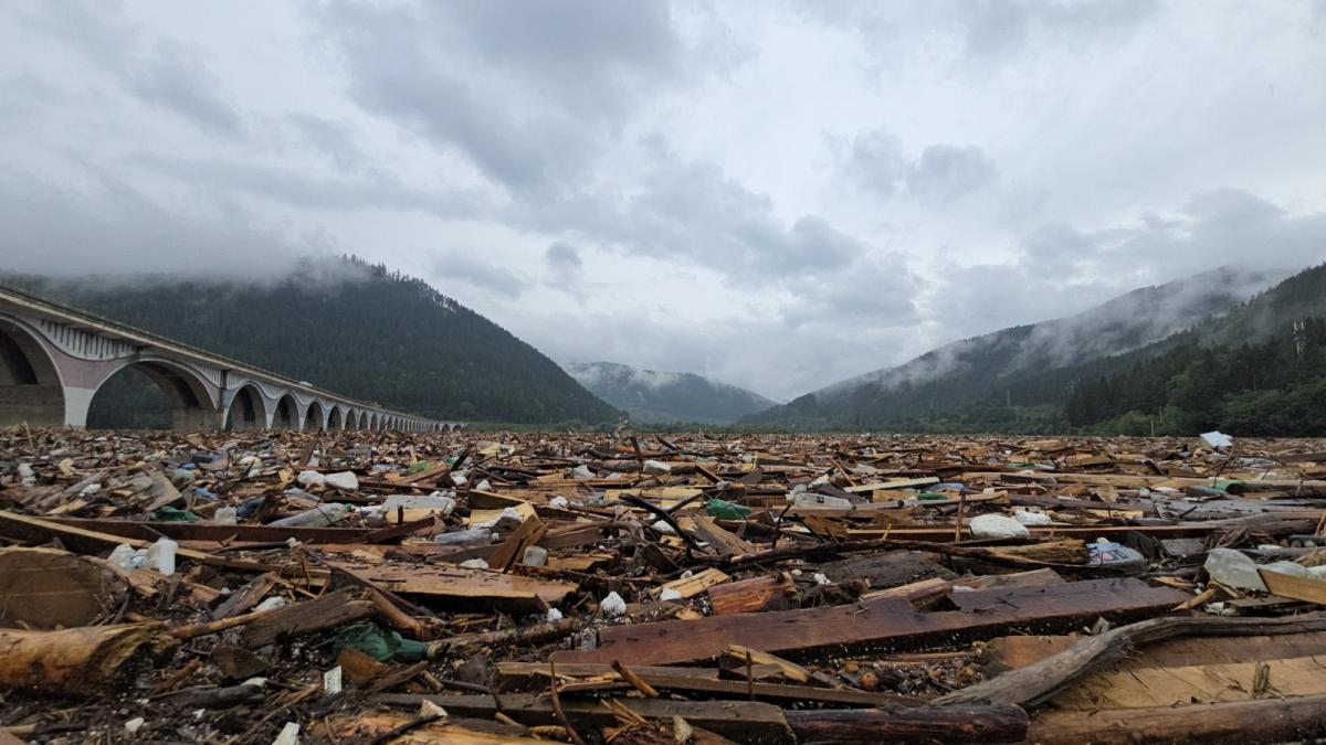 imagini apocaliptice la bicaz dupa inundatiile din moldova pe lac s a format o insula din resturi aduse de la 40 de km distanta
