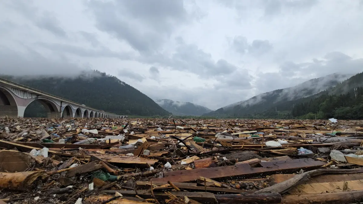 imagini apocaliptice la bicaz dupa inundatiile din moldova pe lac s a format o insula din resturi aduse de la 40 de km distanta