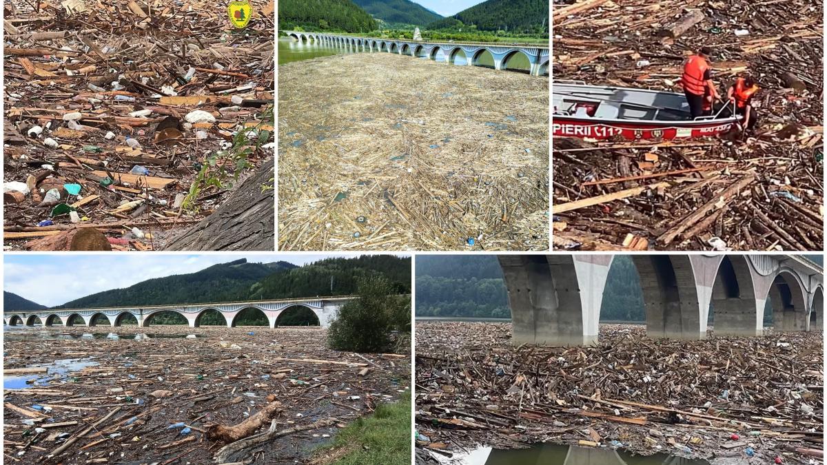 risc biologic pe lacul izvorul muntelui viiturile au adus tone de busteni animale moarte si deseuri va fi montat un baraj provizoriu