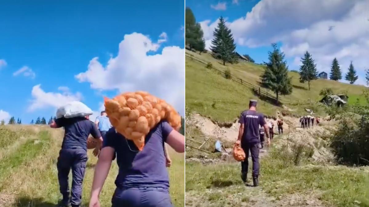 salvatorii din suceava au carat in spate saci cu ajutoare aproape 2 km la ciobanii de la stanele din darmoxa izolati dupa viituri