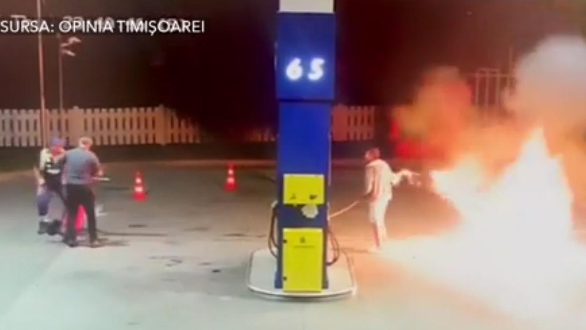 un barbat a provocat haos in timis a dat foc unei pompe de benzina a ranit un angajat si apoi a amenintat ca sare de la balcon